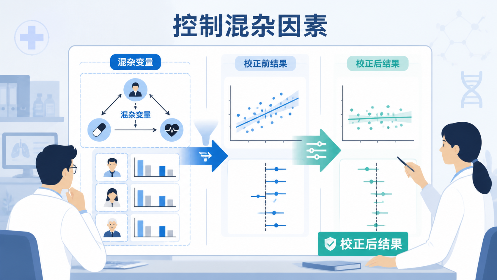 临床科研场景示意图，医生在分析包含多变量的统计图表，突出“控制混杂因素”的概念