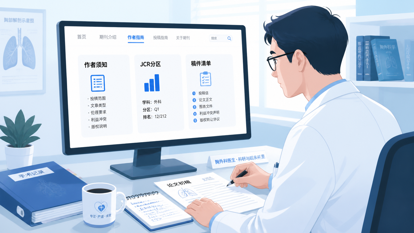 一位胸外科医生在电脑前对照期刊官网作者须知、JCR分区和稿件清单，桌面上有手术记录和论文初稿。