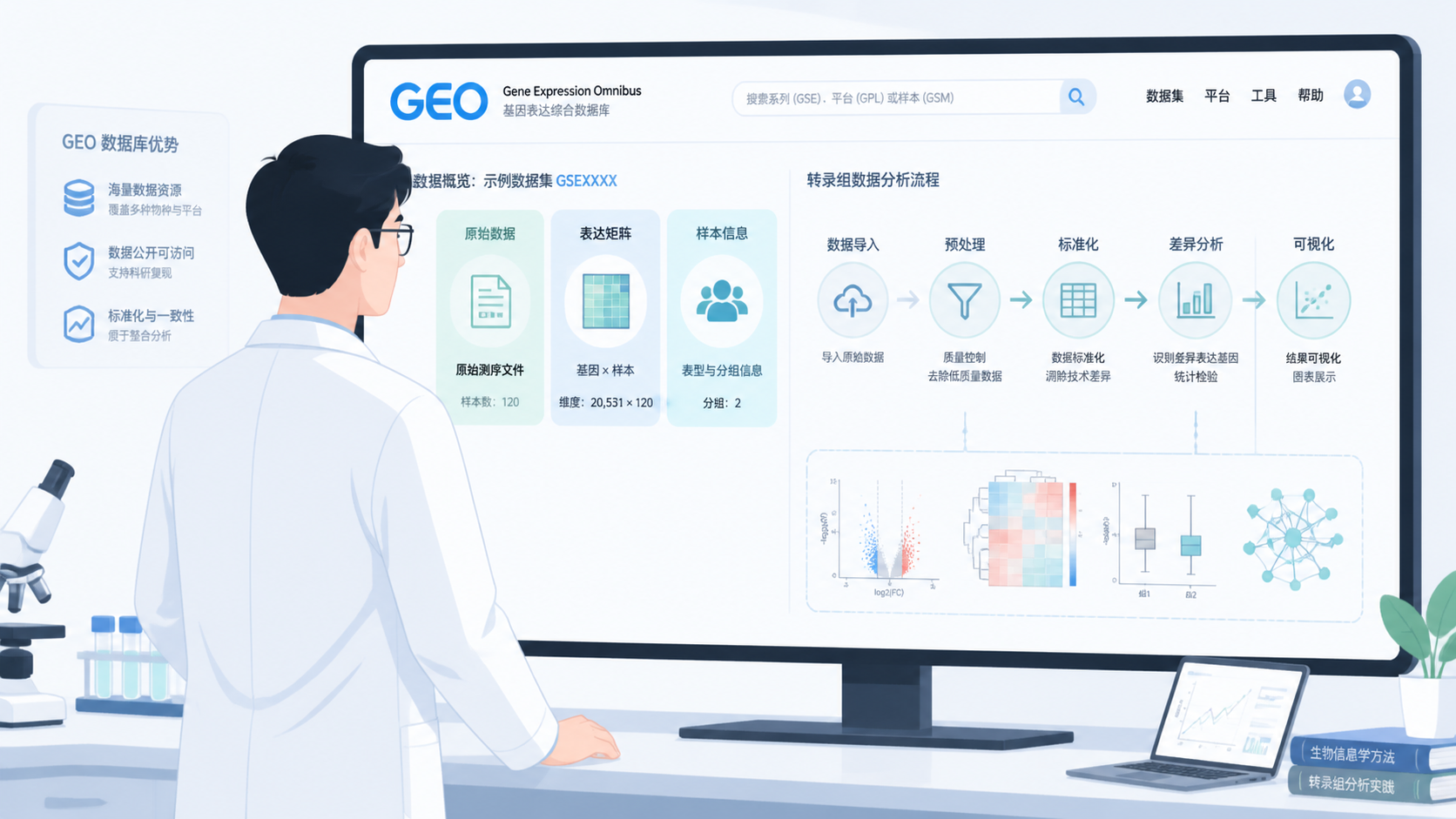 一位科研人员面对GEO数据库页面和测序分析流程图，旁边显示原始数据、表达矩阵、样本信息等关键词，突出“数据多、格式杂、处理难”的场景。
