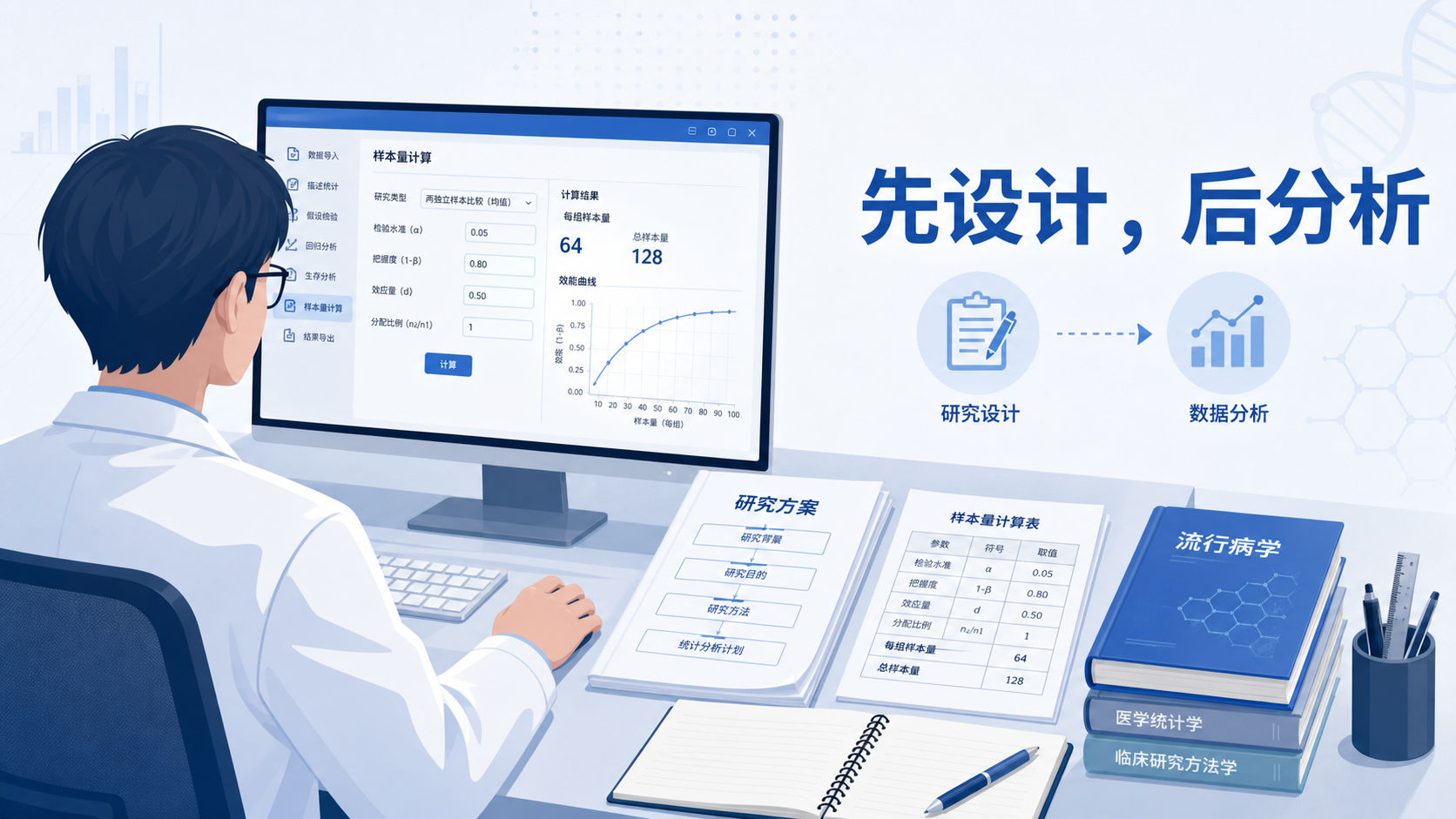 科研人员在电脑前打开统计软件界面，旁边放着研究方案、样本量计算表和流行病学书籍，突出“先设计，后计算”的场景