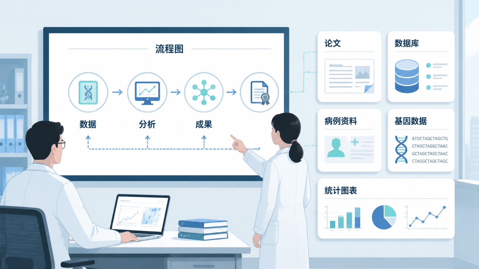 科研人员在屏幕上查看整合后的生信流程图，旁边展示论文、数据库和临床病例资料，突出“从数据到成果”的闭环