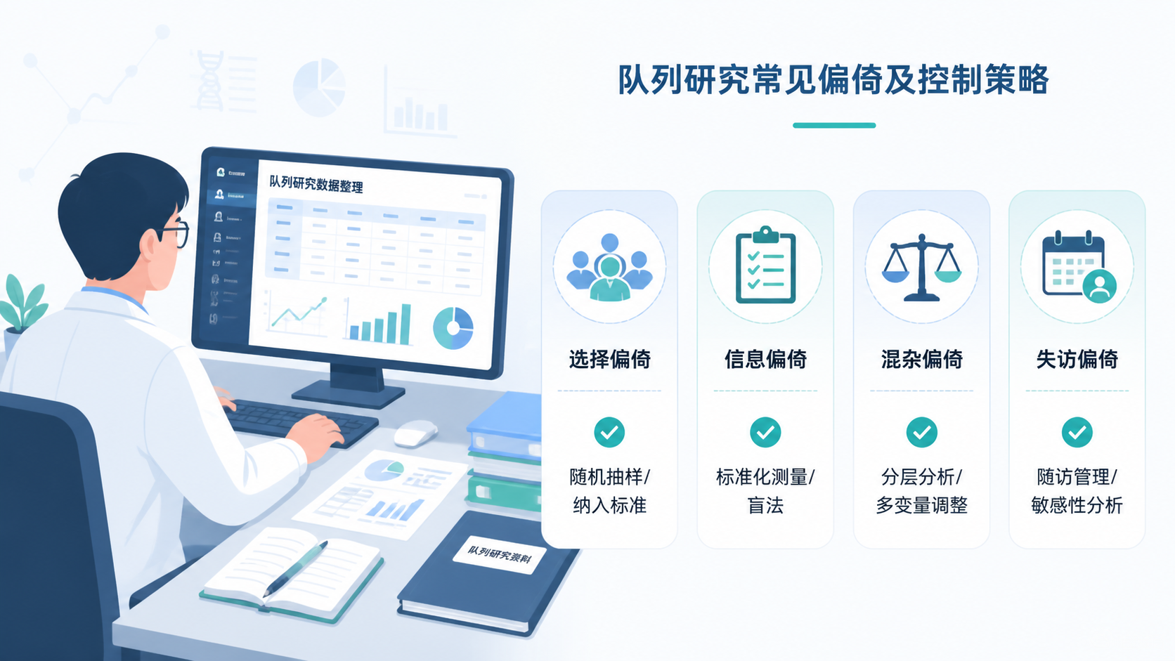 研究者在电脑前整理队列研究数据，旁边标注四类偏倚与控制策略的清晰信息图