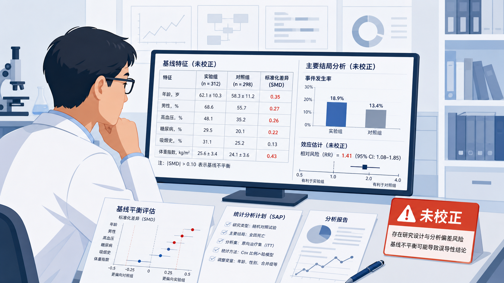 科研人员在查看临床试验基线表和统计结果,旁边有明显的“未校正”提示标签,突出研究设计与分析偏差风险。