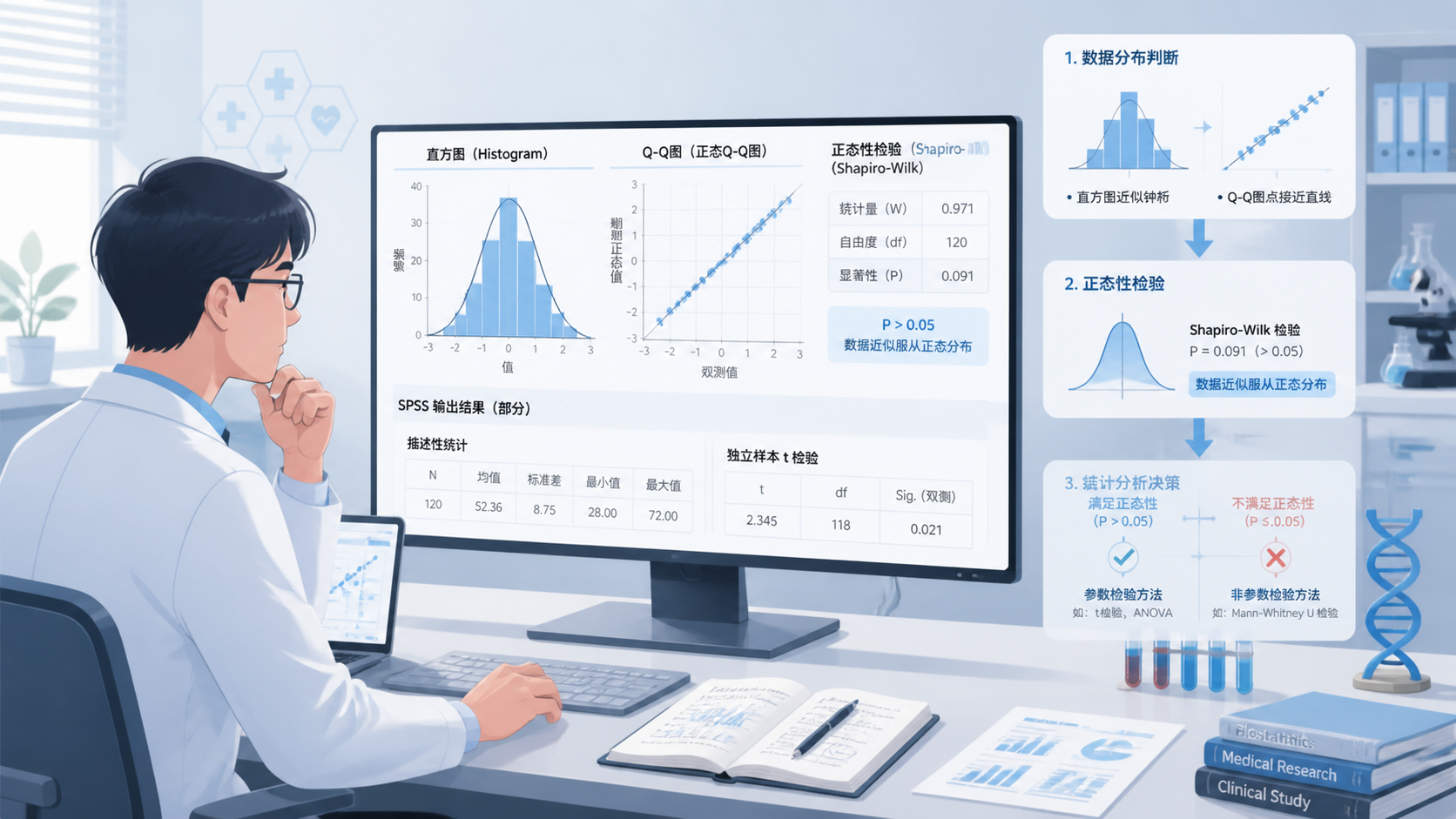 医学科研人员在电脑前查看直方图、Q-Q图和SPSS输出结果的场景，突出数据分布判断与统计分析决策。