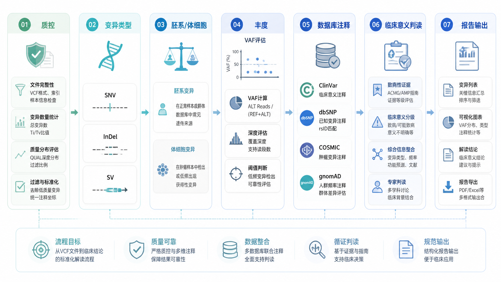 一页结构化的VCF解读流程图，包含质控、变异类型、胚系/体细胞、丰度、数据库注释和报告输出，风格专业简洁