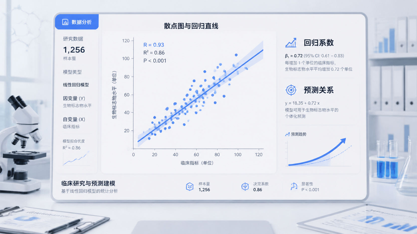 临床科研数据分析场景，屏幕展示散点图和回归直线，旁边标注回归系数与预测关系
