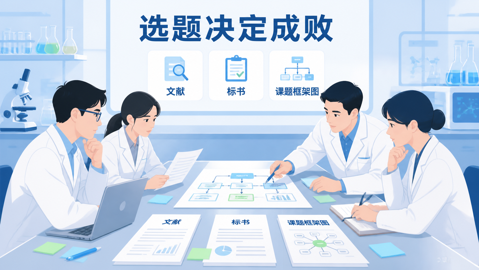 科研人员在实验室中对着文献、标书和课题框架图进行选题讨论的场景，强调“选题决定成败”