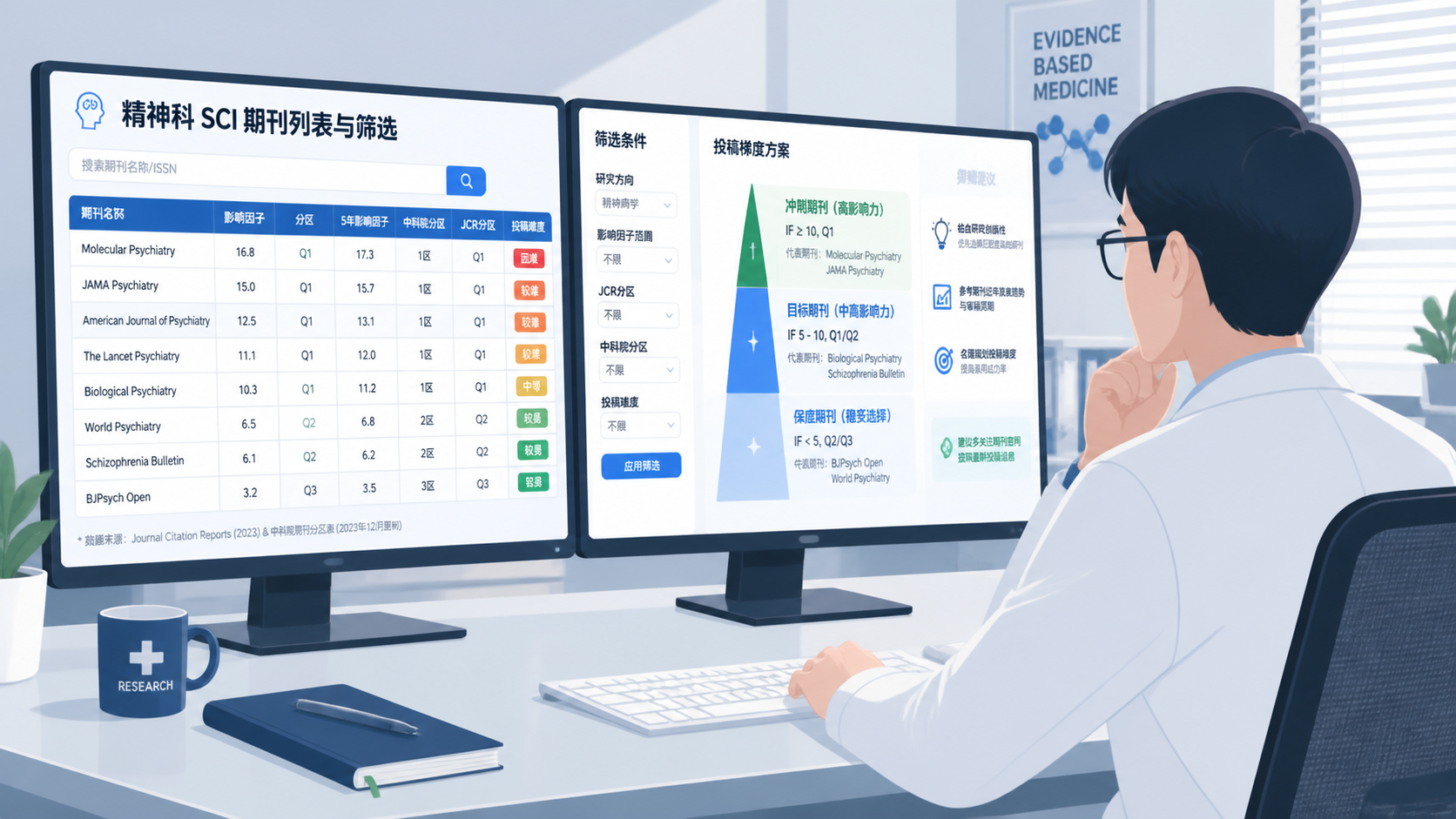 科研人员在电脑前对比精神科SCI期刊列表，界面展示影响因子、分区、5年影响因子和投稿梯度方案。