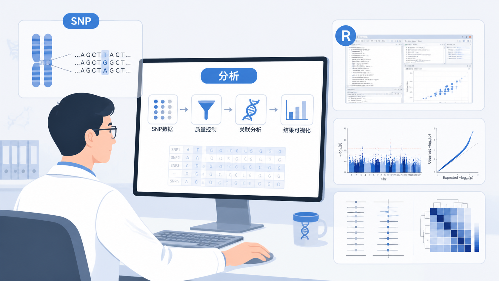 医学科研场景中，研究者查看SNP数据流程图，旁边有基因位点、R软件界面和统计分析图表，体现“分析流程与关键问题”主题
