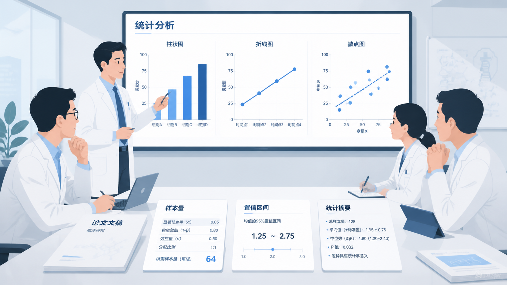 科研人员在会议室展示统计分析图表，旁边有论文、样本量计算和置信区间结果，画面专业简洁