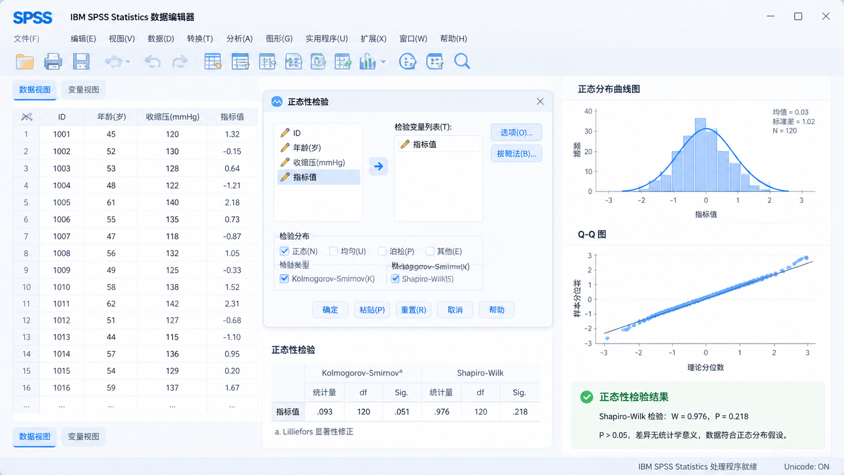 SPSS数据分析界面，旁边显示正态分布曲线、Q-Q图和P值结果，突出“正态性检验”主题