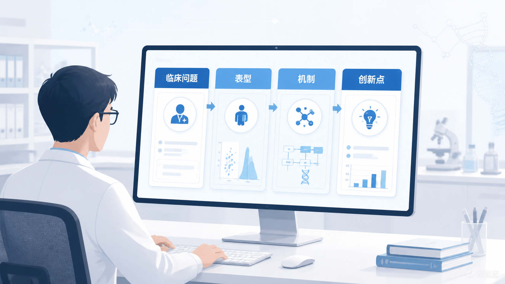 科研人员在电脑前优化国自然标书结构，屏幕上显示“临床问题—表型—机制—创新点”的模块化框架。