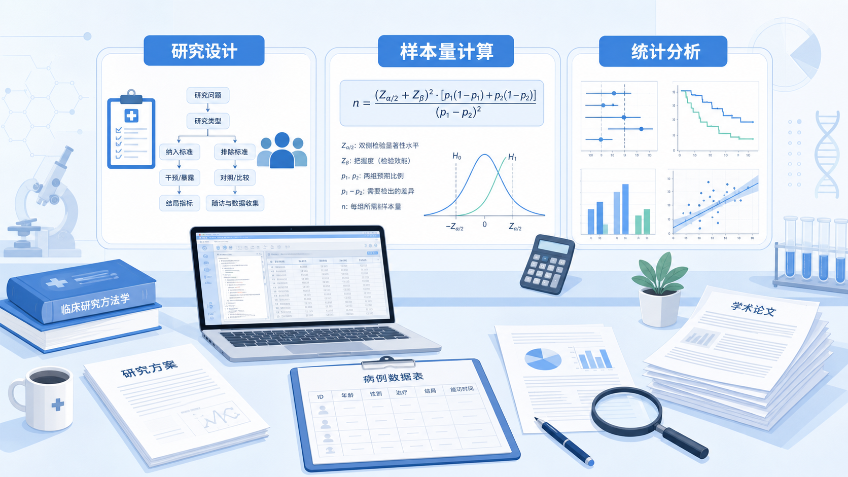 医学研究场景图，包含论文、统计软件界面、病历数据表和样本量公式示意，突出“研究设计与样本量计算”的专业氛围
