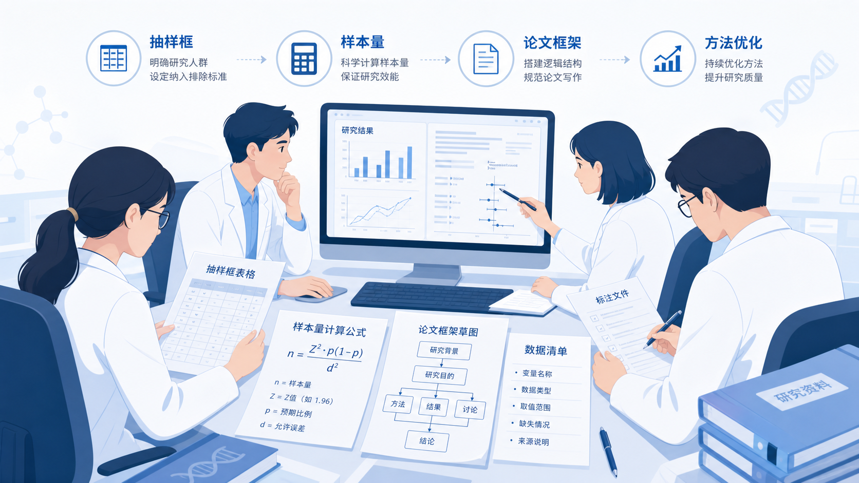 研究团队在电脑前核对抽样框、样本量计算和论文框架，画面体现科研规范与方法优化。