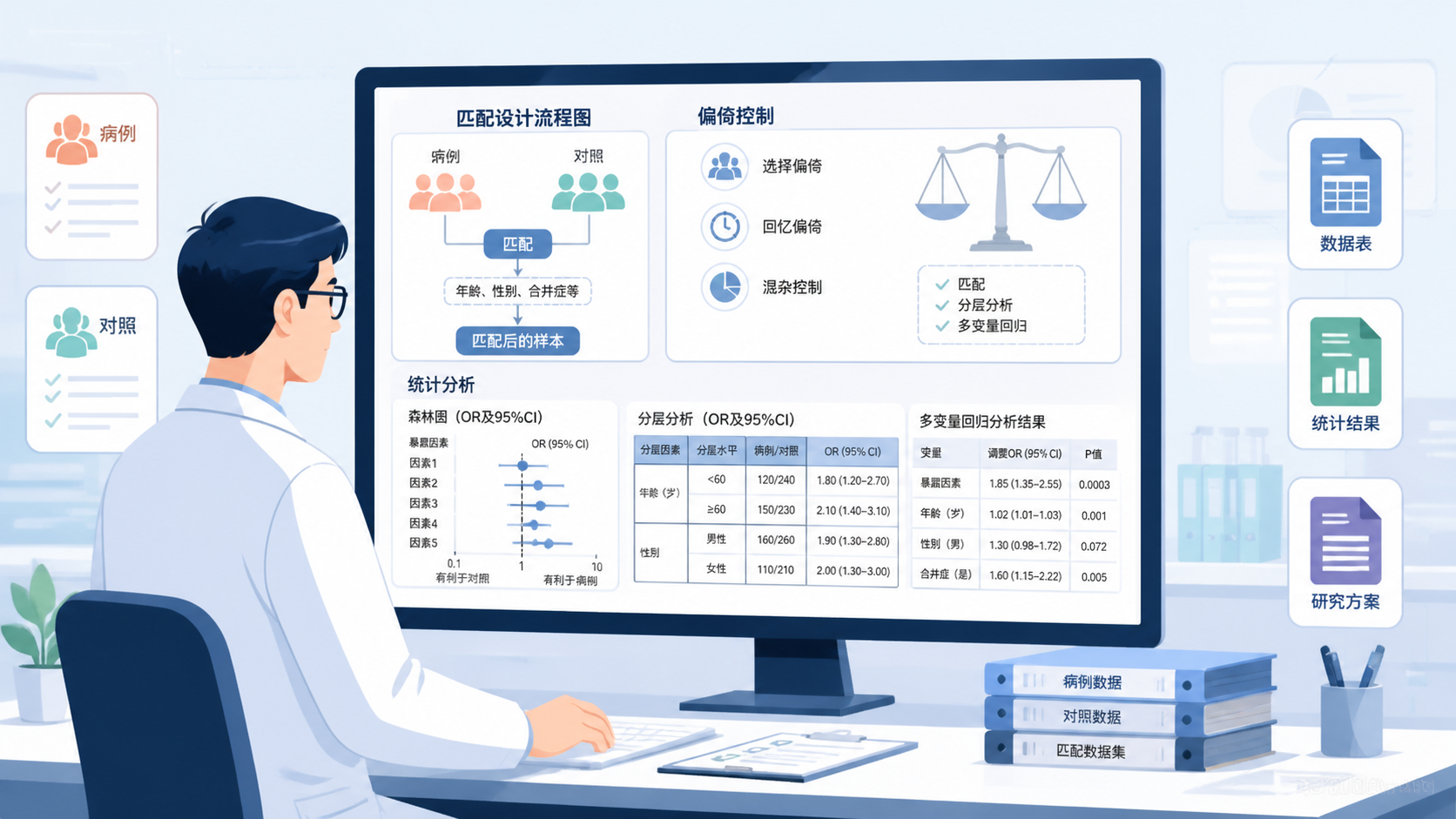 科研人员在电脑前整理病例与对照数据，屏幕上显示匹配设计流程图、偏倚控制和统计分析结果，突出专业科研场景。