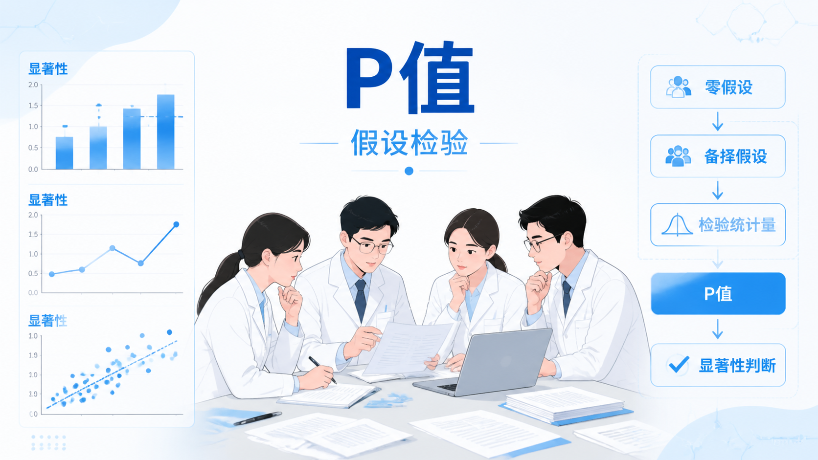 医学生在文献前讨论P值，旁边有统计图和假设检验流程示意图