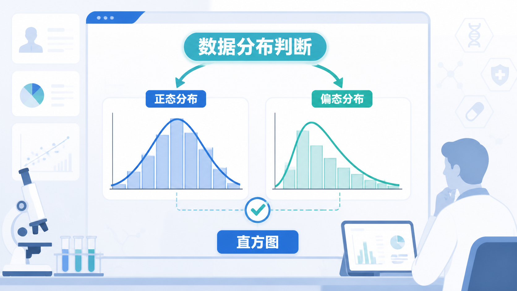 临床研究数据分析场景，包含直方图、正态曲线与偏态曲线对比示意图，突出“数据分布判断”主题。