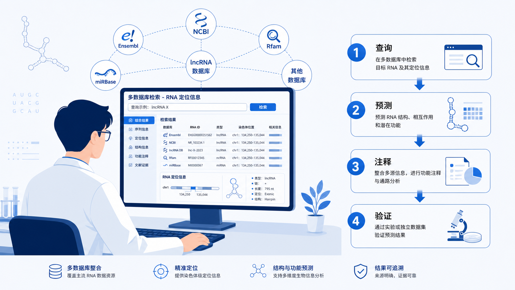 研究者在电脑前使用多数据库检索RNA定位信息，旁边展示“查询、预测、注释、验证”四步流程图。