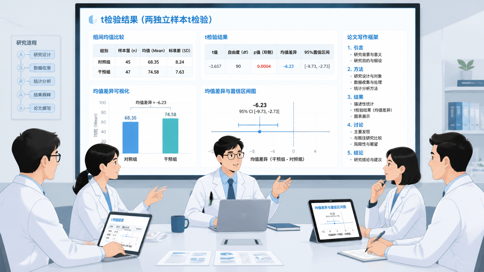 临床科研团队围绕统计分析报告讨论，屏幕上显示t检验结果、均值差异和论文写作框架。