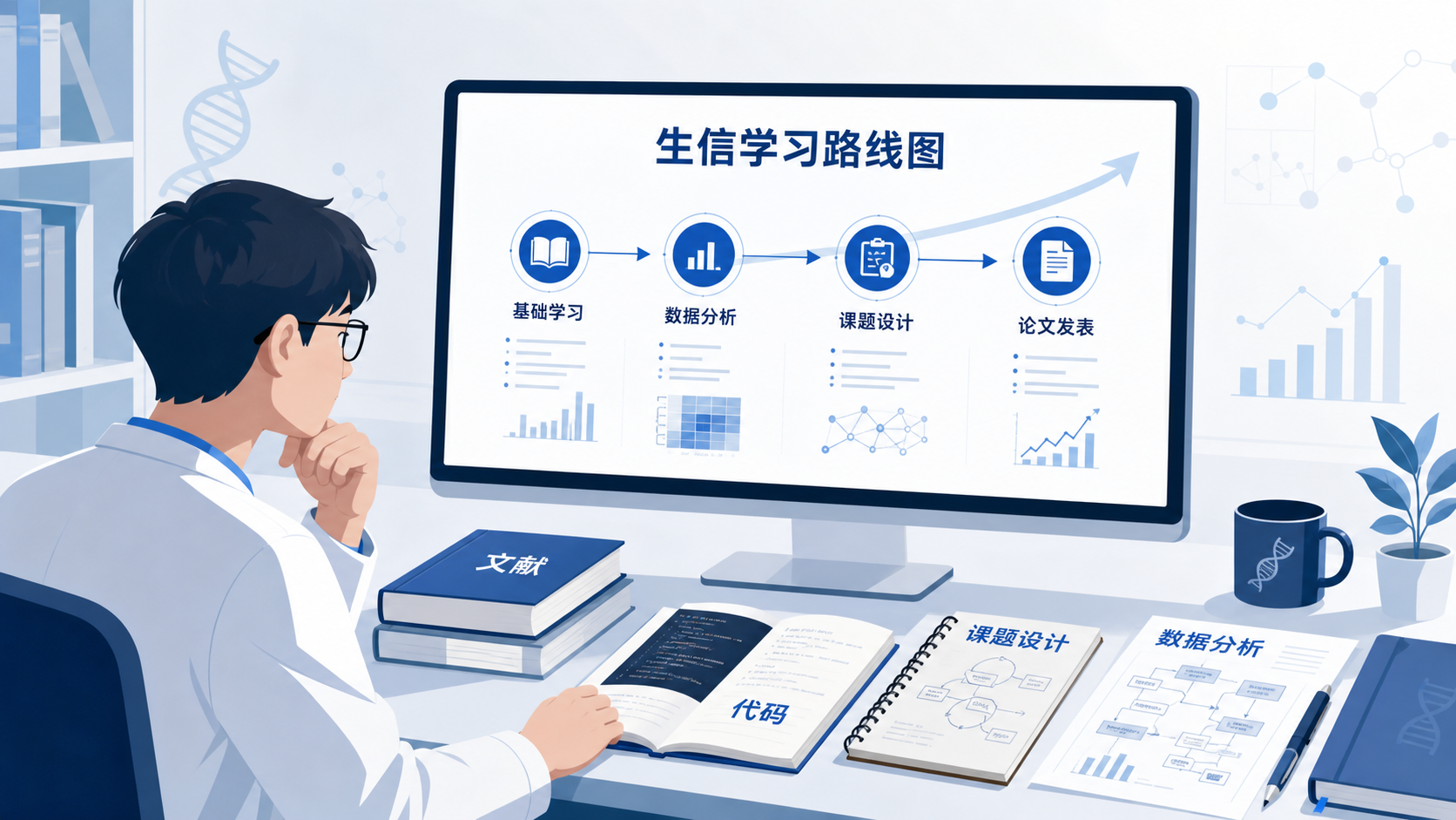 一位医学生在电脑前查看生信学习路线图，旁边有文献、代码和课题设计草图，体现“从入门到发文”的规划感。