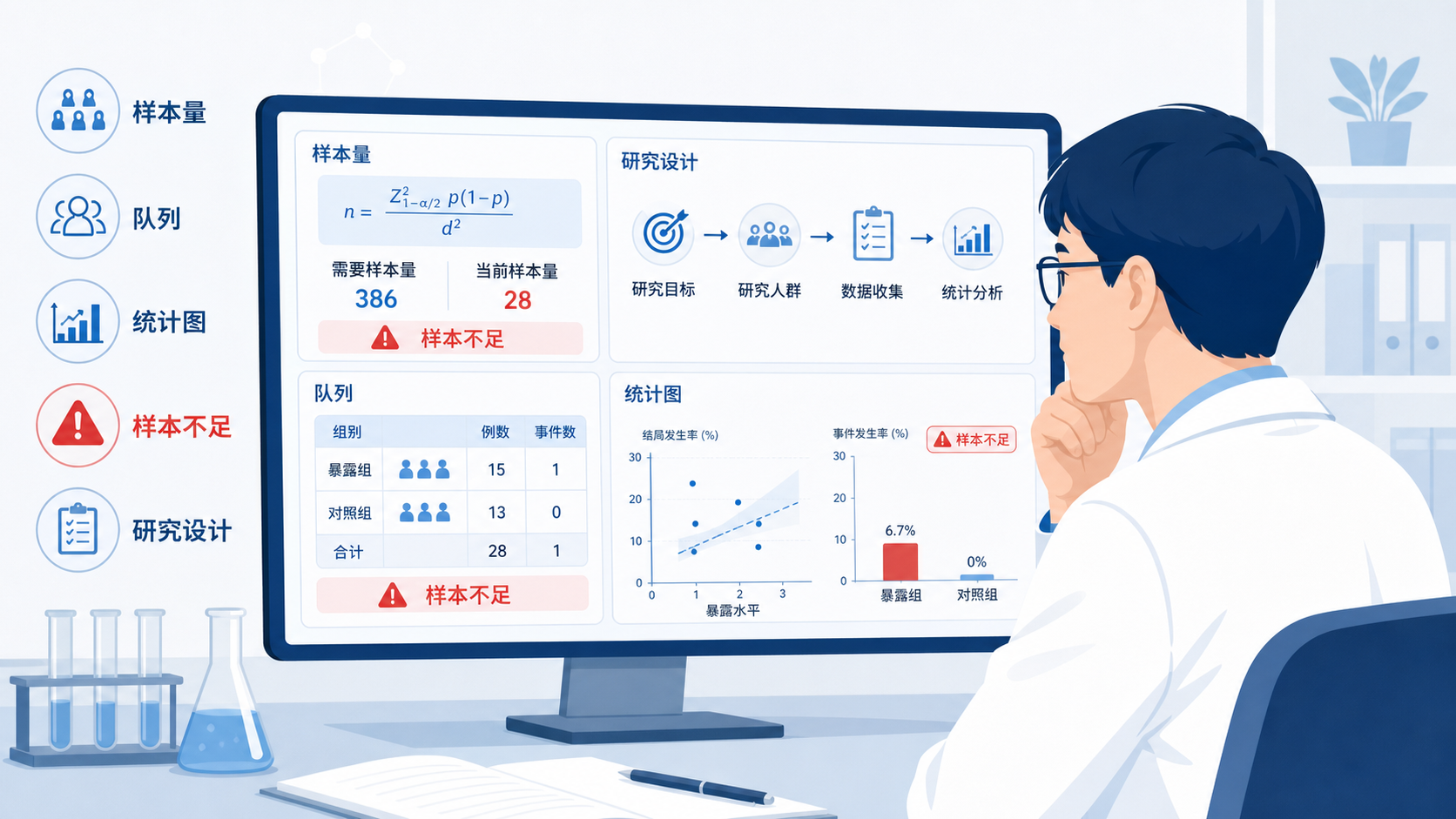 科研人员在电脑前查看样本量计算表、队列数据和统计图，画面突出“样本不足”与“研究设计”