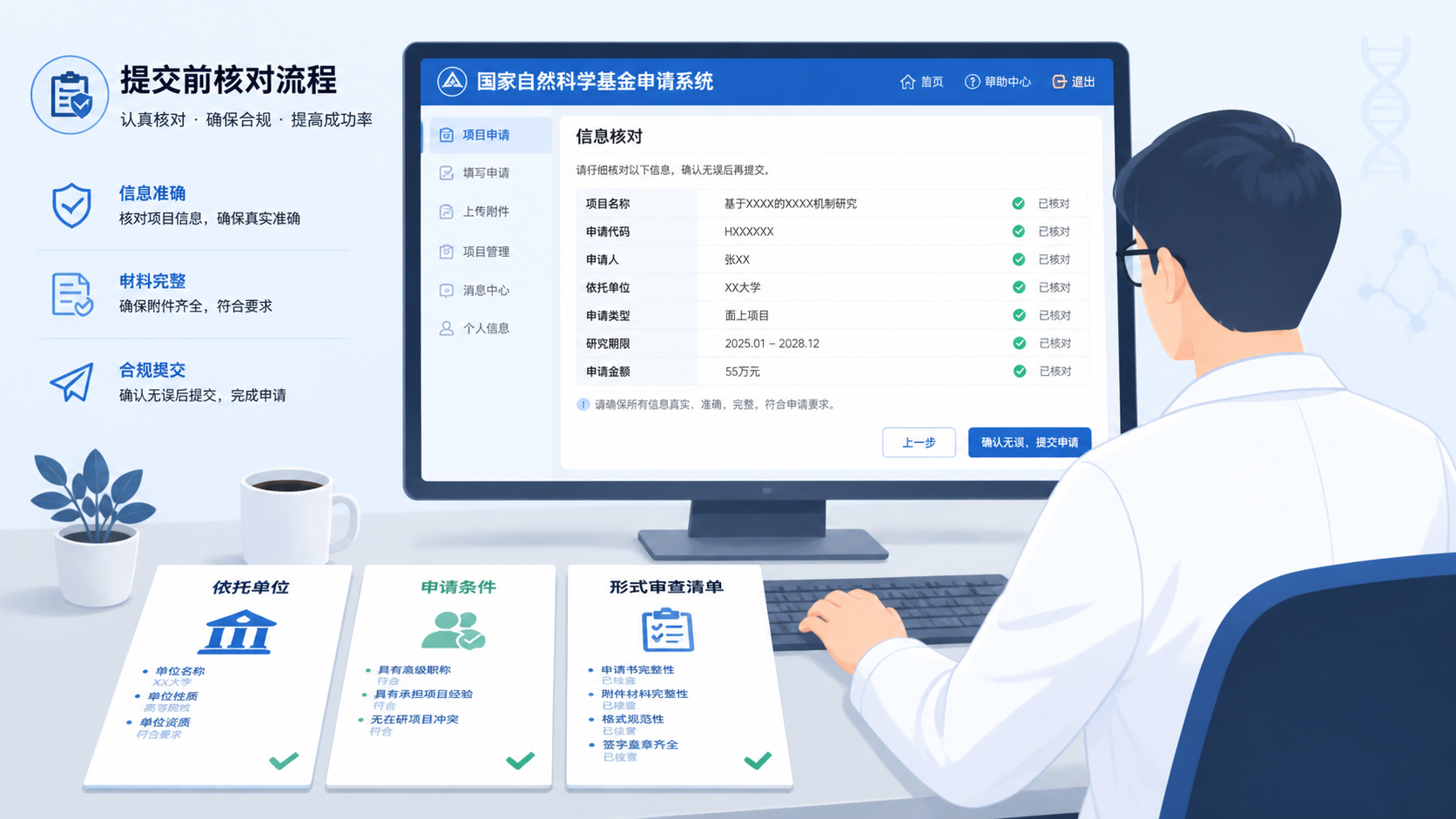 科研人员在电脑前核对国家自然科学基金申请系统信息，旁边放有依托单位、申请条件、形式审查清单的文件夹