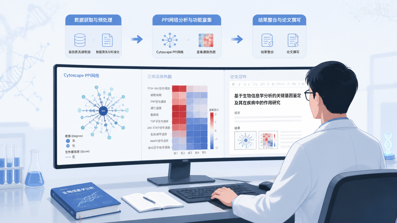 科研人员在电脑前查看Cytoscape网络图、富集通路热图和论文写作界面，突出PPI网络分析到文章产出的完整流程。