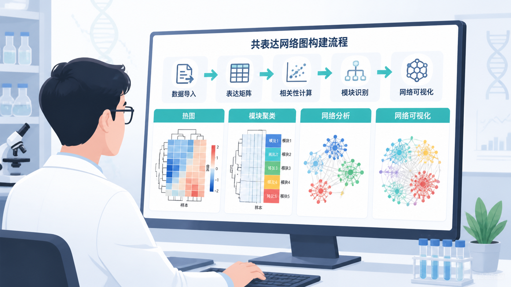 实验室科研人员在电脑前查看基因表达热图和网络模块聚类图，画面突出“共表达网络图构建流程”
