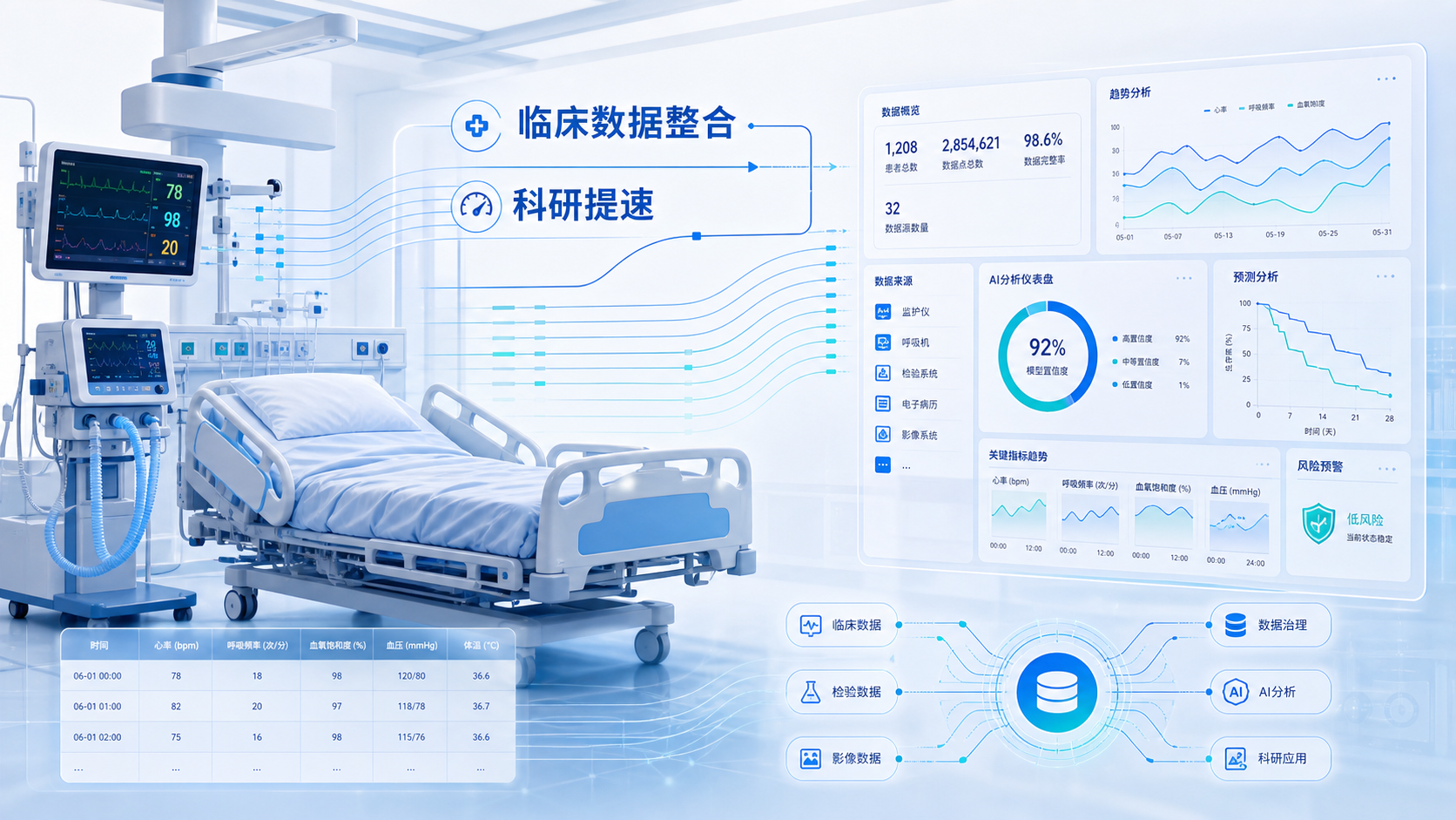 重症监护室场景与数据库分析界面结合的科技风配图，突出“临床数据整合”和“科研提速”