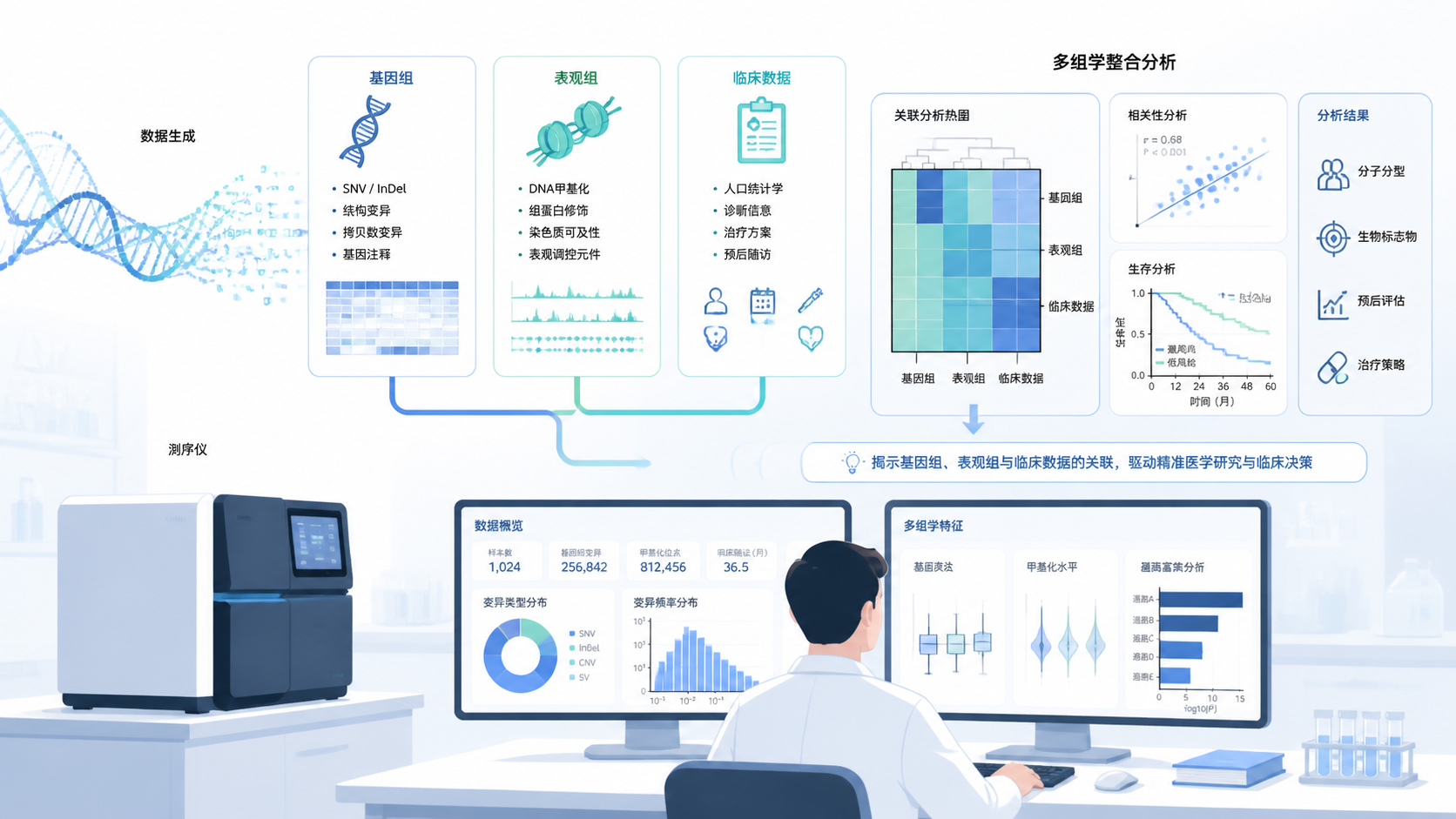 实验室中研究人员分析基因组与表观组数据的示意图，画面包含测序仪、热图和临床病历图标。
