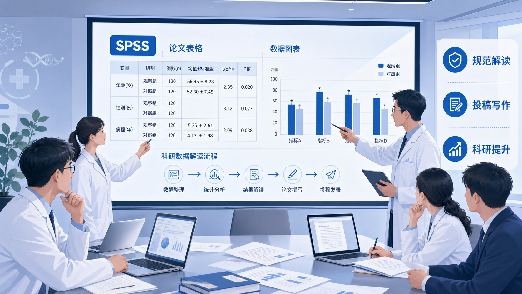 医学科研人员在会议室展示SPSS统计结果和论文表格，画面突出“规范解读、投稿写作、科研提升”。