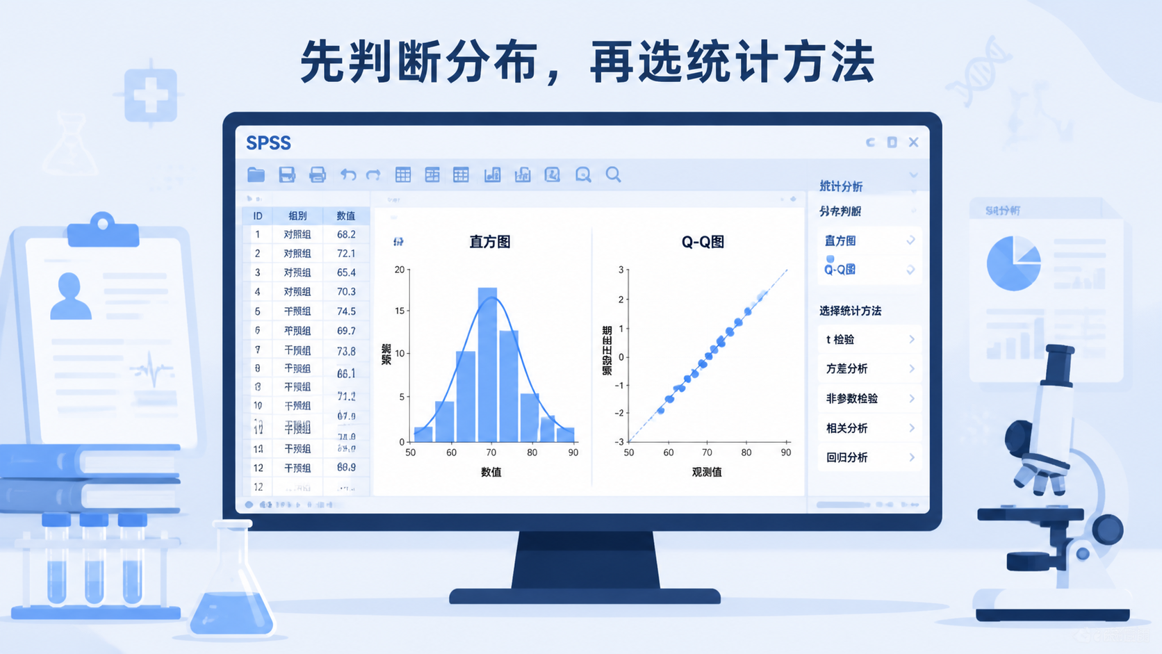 一张临床研究数据分析场景图，包含SPSS界面、直方图和Q-Q图元素，突出“先判断分布再选统计方法”的主题。