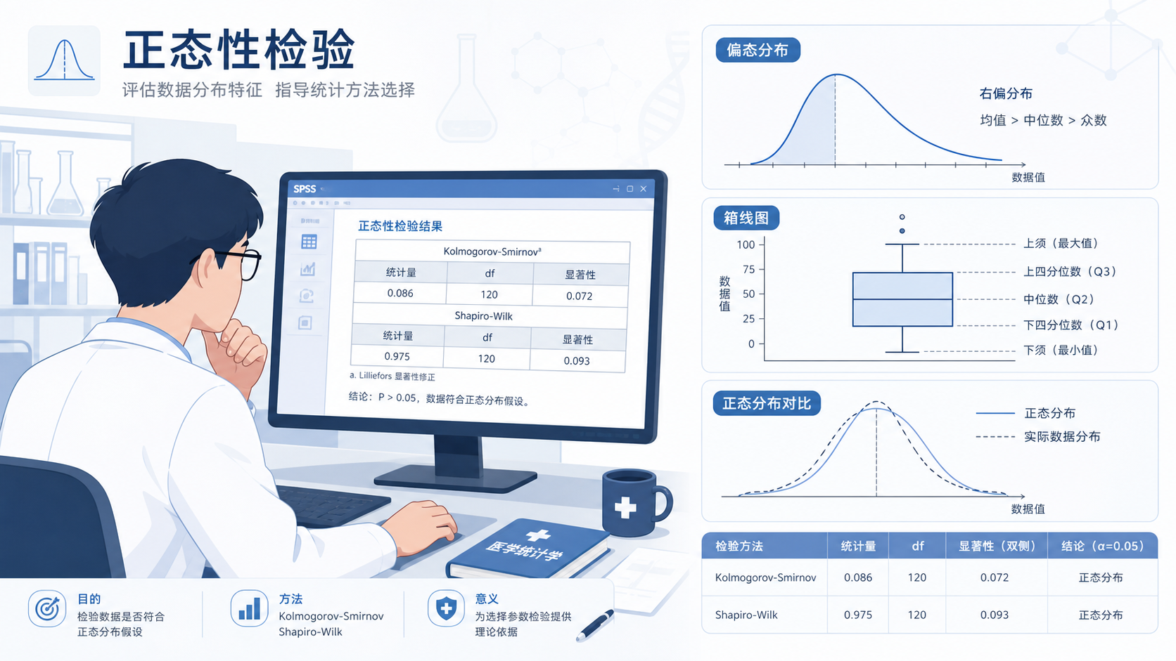 医学生在电脑前查看正态性检验结果，旁边展示偏态分布曲线、箱线图和SPSS界面
