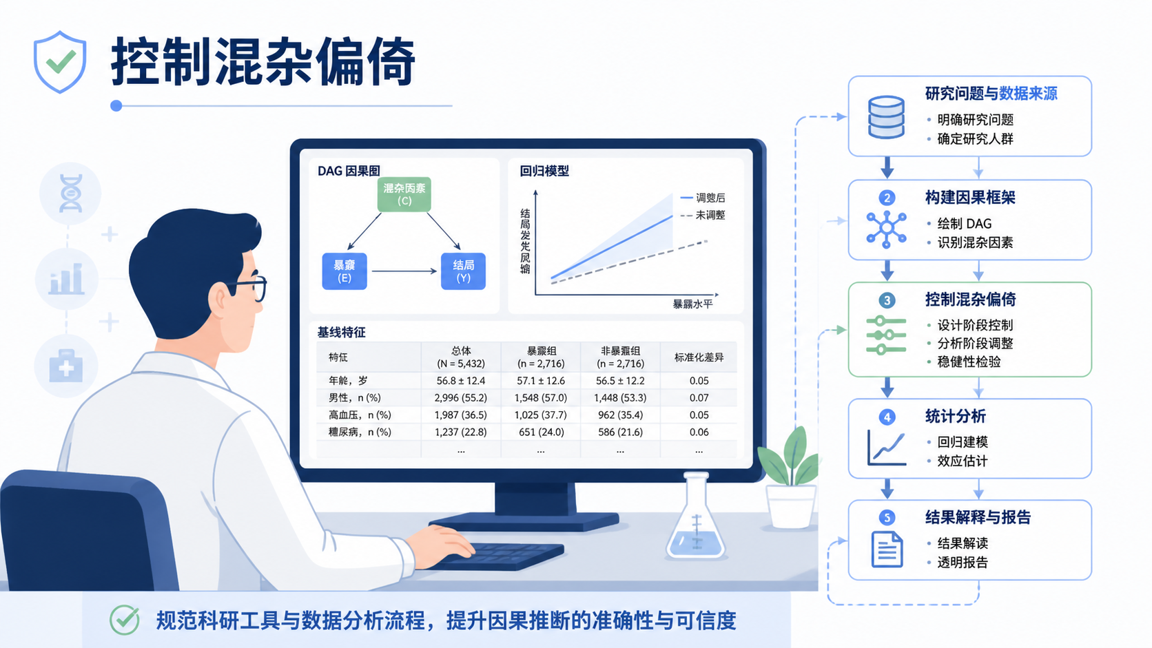 研究者在电脑前查看DAG图、回归模型和基线表，旁边展示“控制混杂偏倚”的流程图，突出规范科研工具支持。