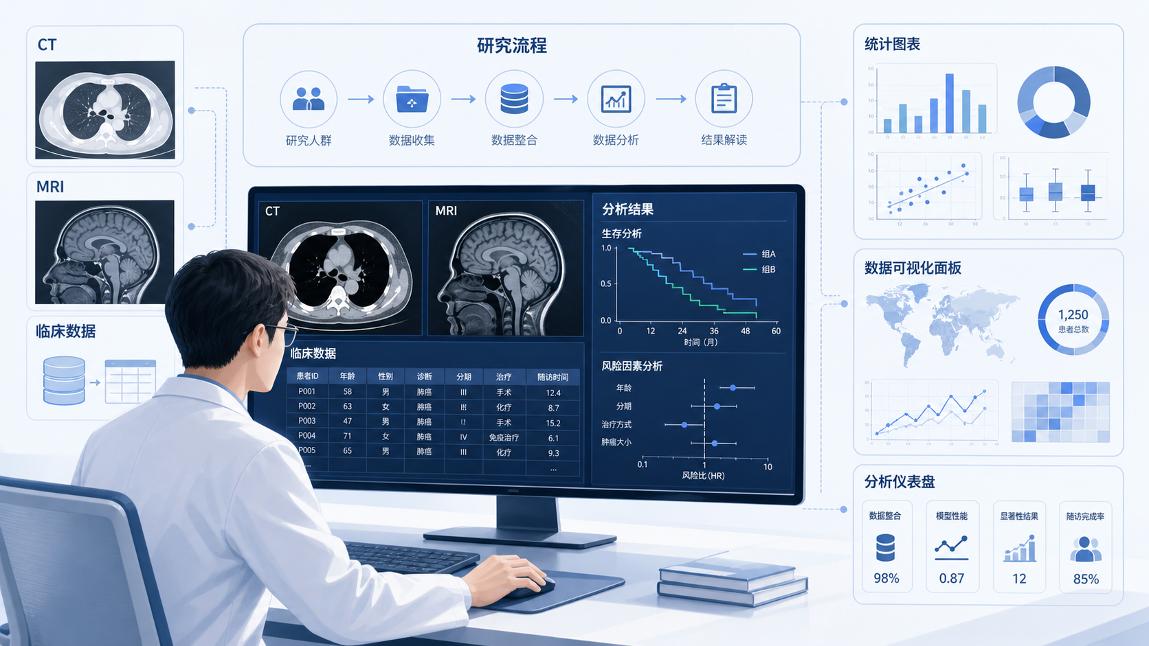 一位临床研究者在电脑前整合CT/MRI图像、临床表格和数据库分析结果，旁边展示流程图和统计图表。