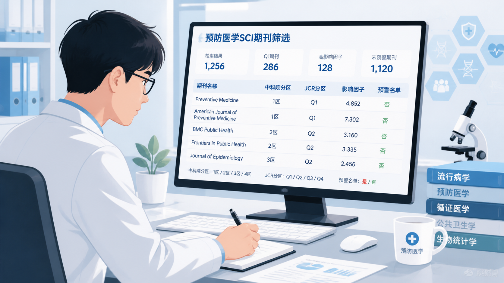 医学生或科研人员在电脑前筛选预防医学SCI期刊，屏幕上显示期刊分区、影响因子和预警名单