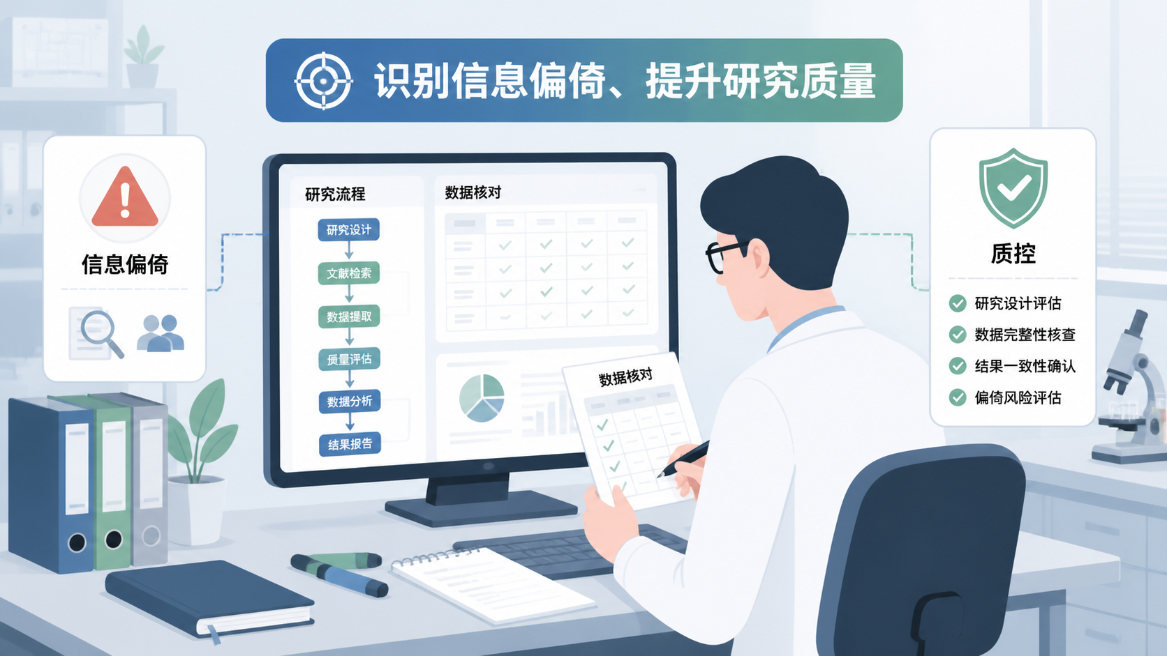 科研人员在电脑前核对研究流程、数据表与质控清单的场景，强调“识别信息偏倚、提升研究质量”。