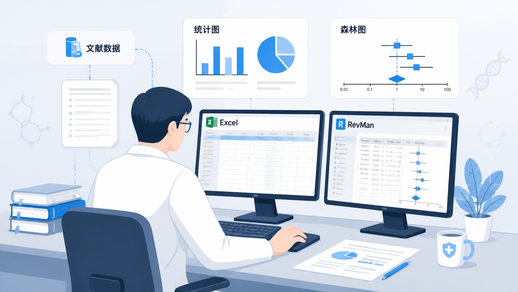 科研人员在电脑前整理文献数据,旁边有Excel表格、RevMan界面和统计图