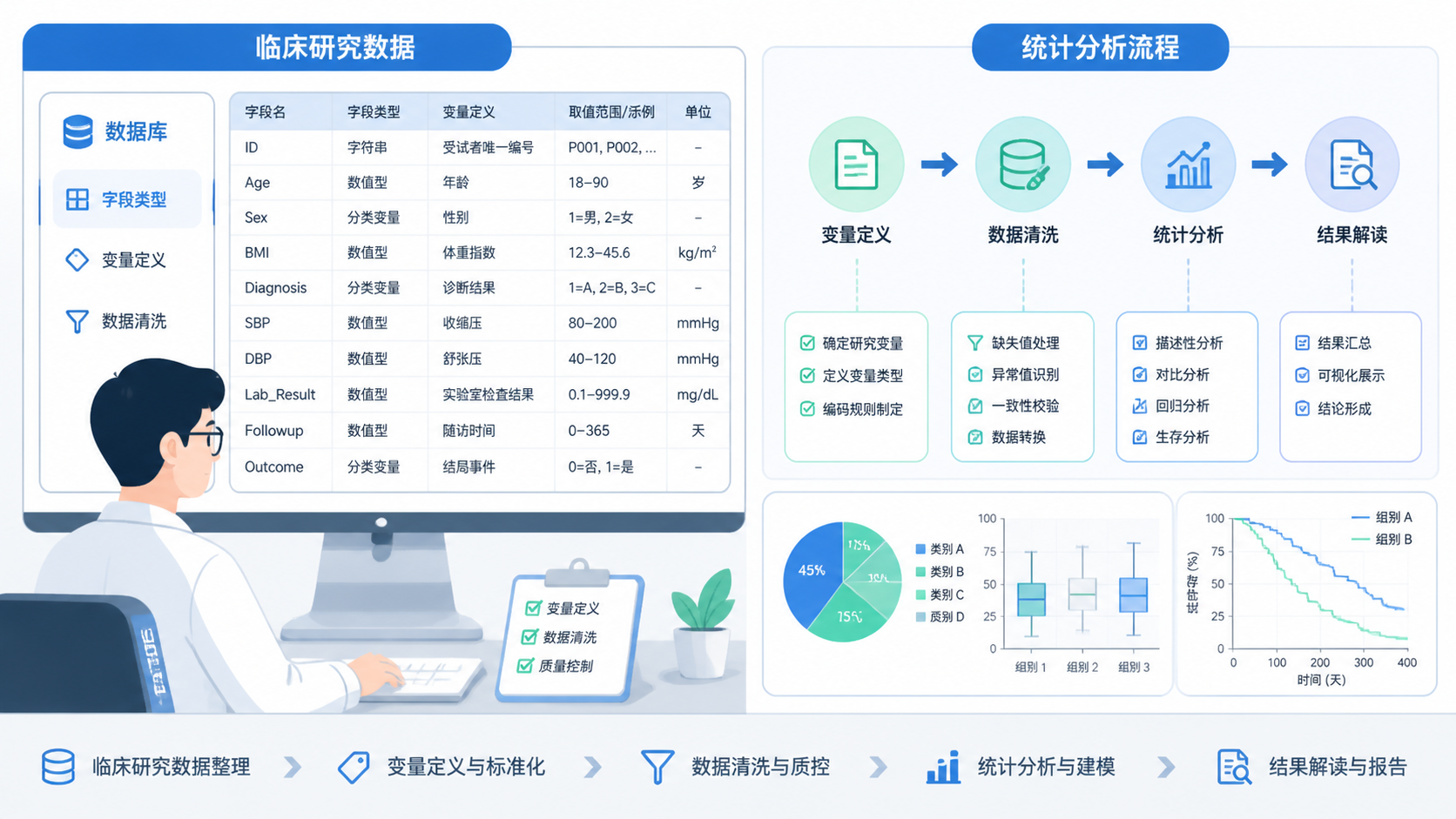 临床研究数据表格、统计分析流程图、医学生查看数据库字段类型的场景