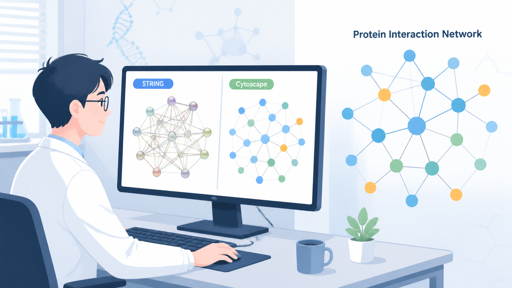 科研人员在电脑前操作STRING和Cytoscape，旁边显示蛋白互作网络示意图，风格轻松科普。