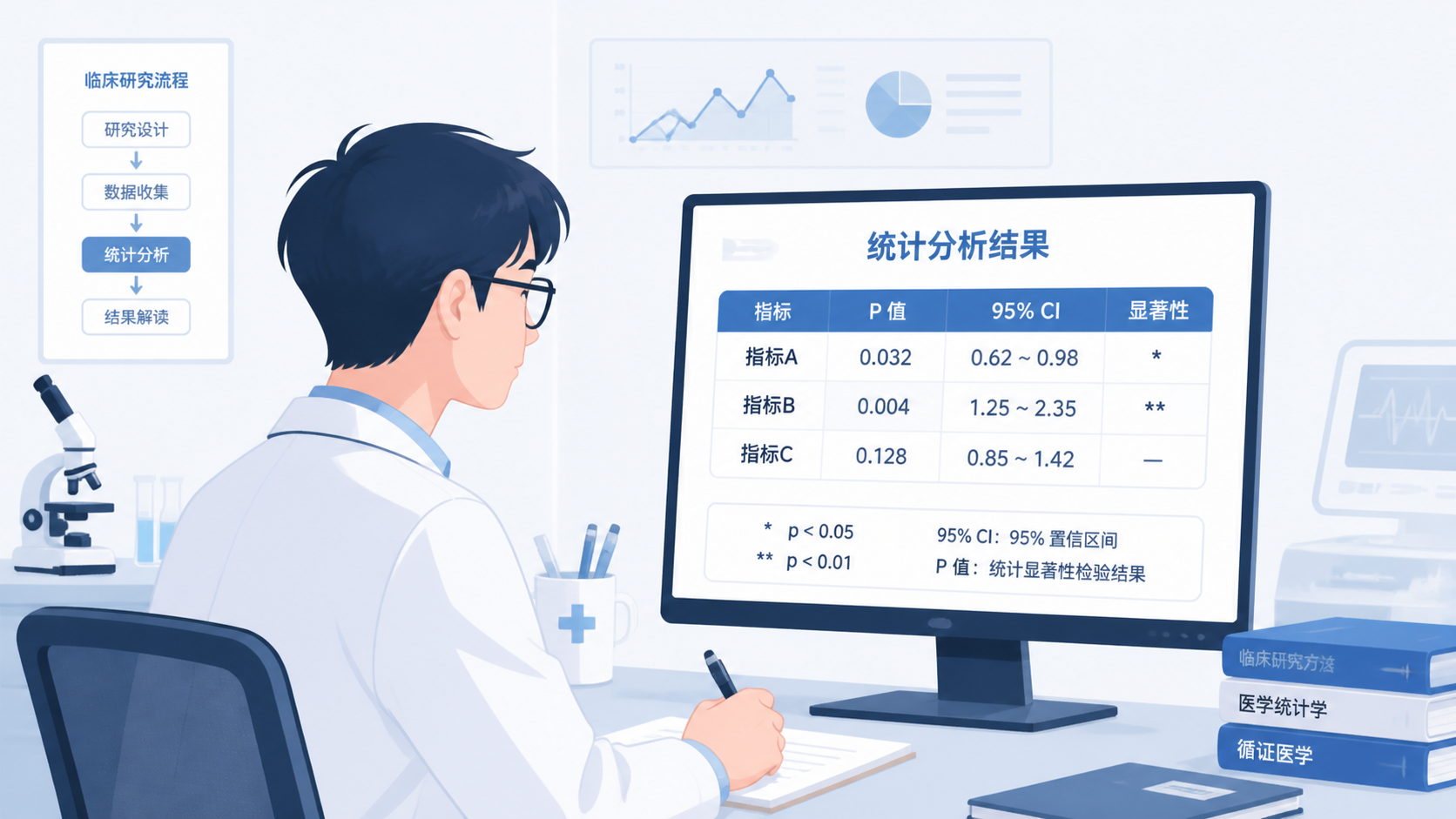 医学生在电脑前查看统计分析结果，屏幕上显示P值、置信区间和显著性标记，背景为临床研究场景