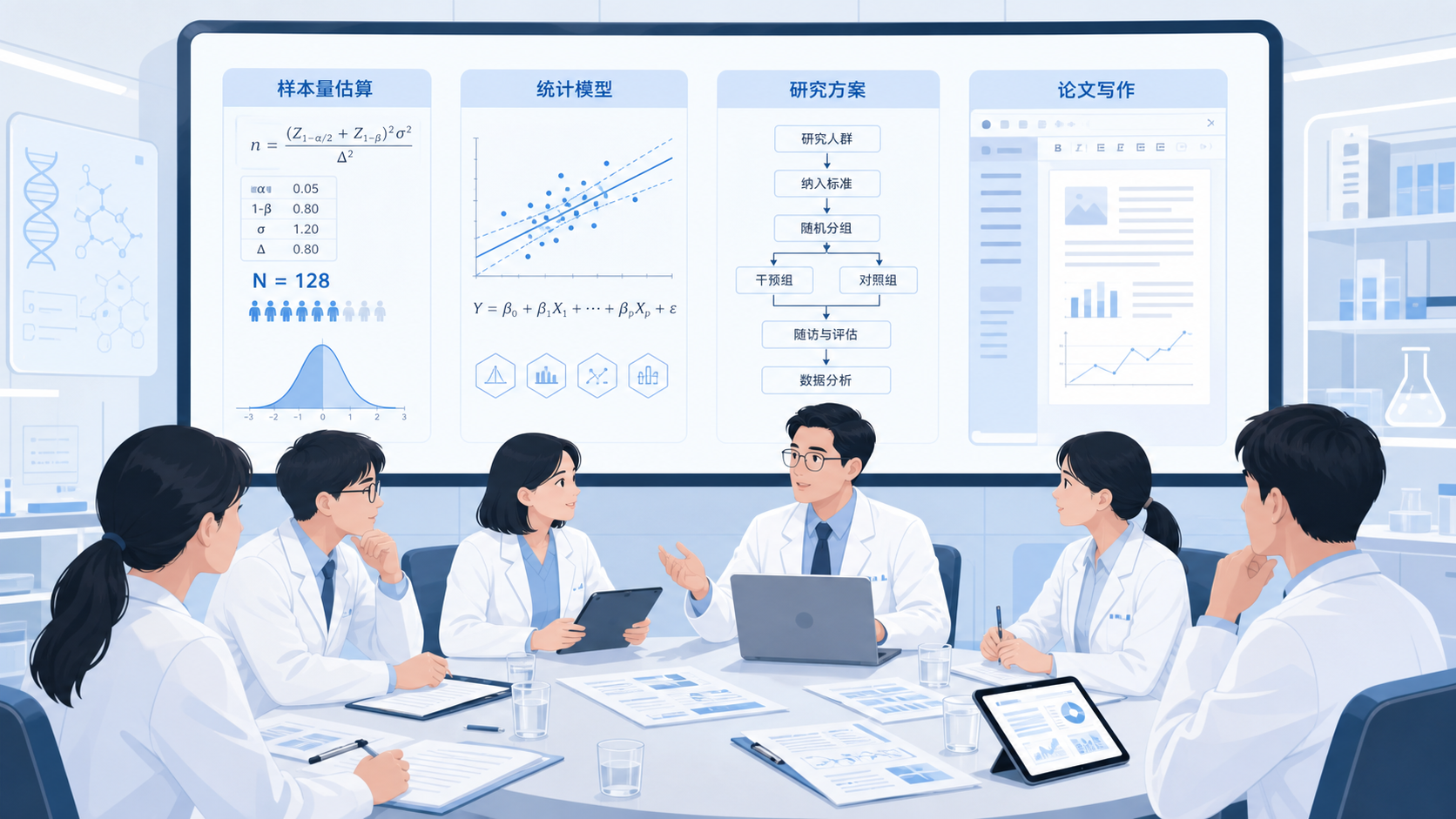 科研团队围绕样本量估算工具和研究方案进行讨论，屏幕上显示样本量计算结果、统计模型和论文写作界面，整体风格专业、清晰、可信