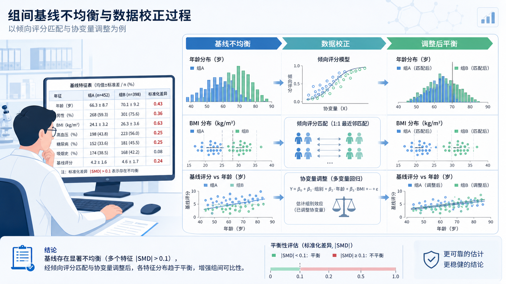 医学研究场景中,研究者在查看基线特征表和统计分析结果,画面突出“组间基线不均衡”和数据校正过程。