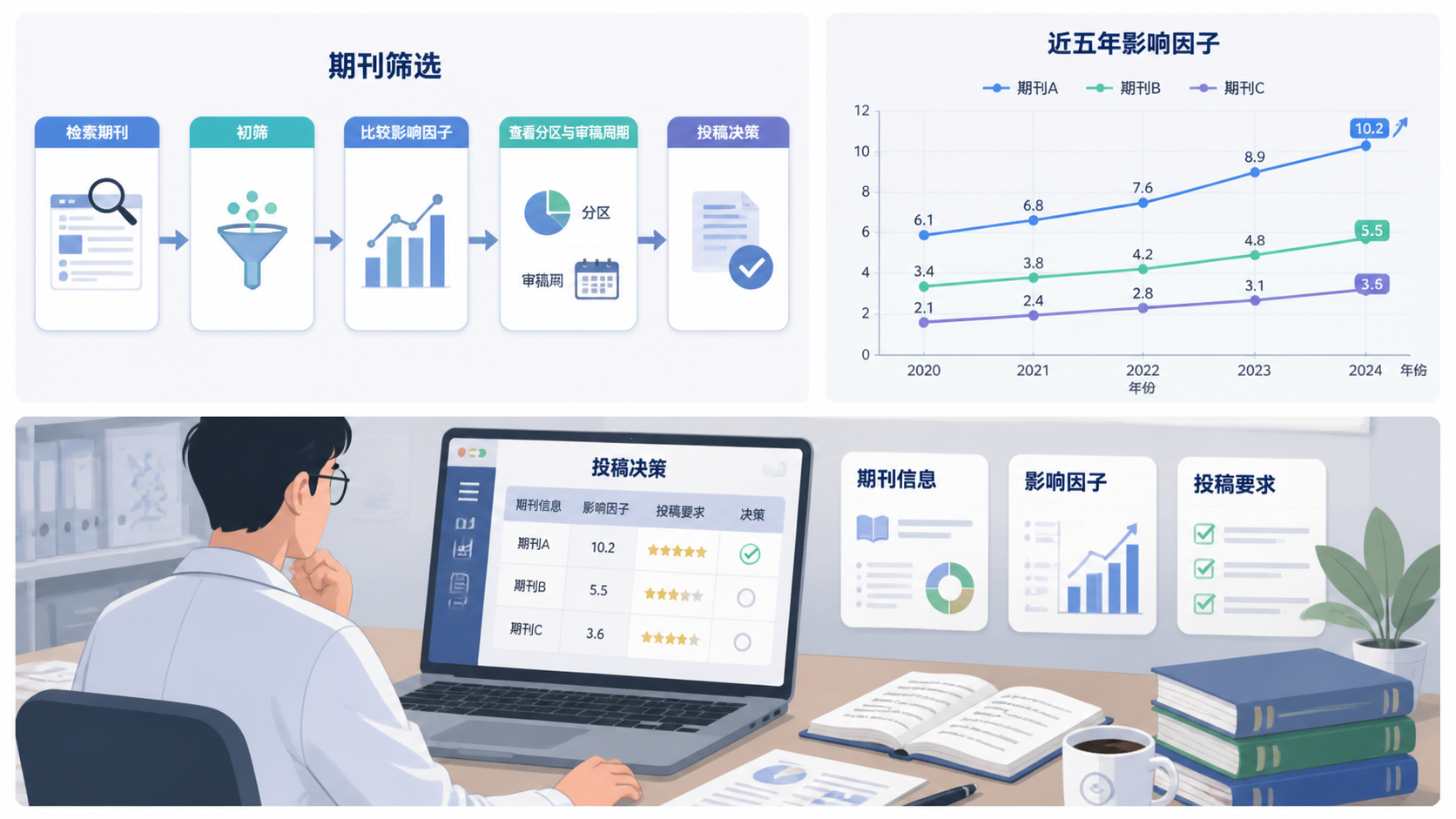 期刊筛选流程图、五年影响因子对比图、科研人员进行投稿决策的专业办公场景
