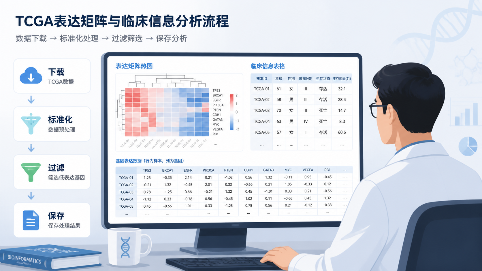 科研人员在电脑前查看TCGA表达矩阵和临床表格的场景，旁边配有“下载、标准化、过滤、保存”流程标签，体现专业科研氛围。