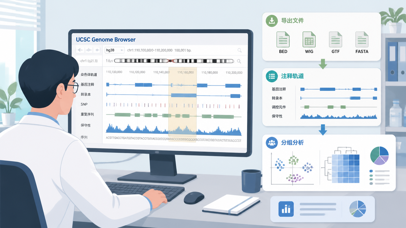 科研人员在电脑前查看UCSC Genome Browser结果页，旁边展示导出文件、注释轨道和分析流程图的组合画面。