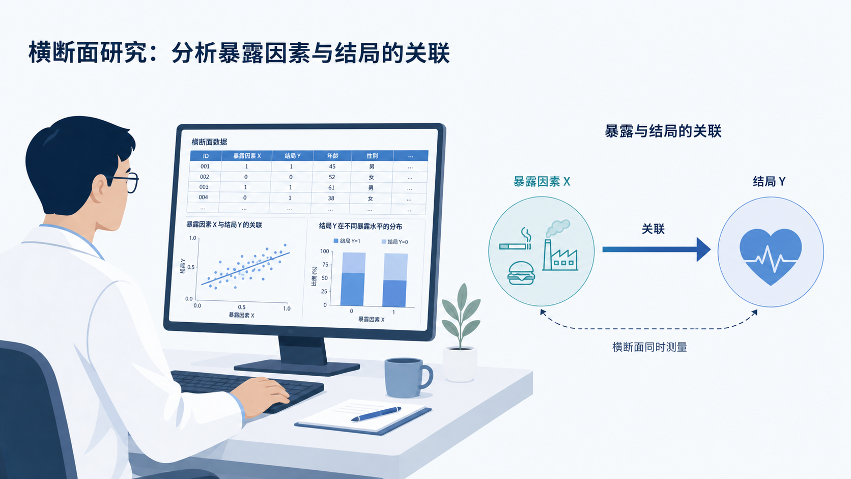 临床研究者在电脑前分析横断面数据，旁边展示暴露因素X与结局Y的关联示意图，风格专业、简洁。