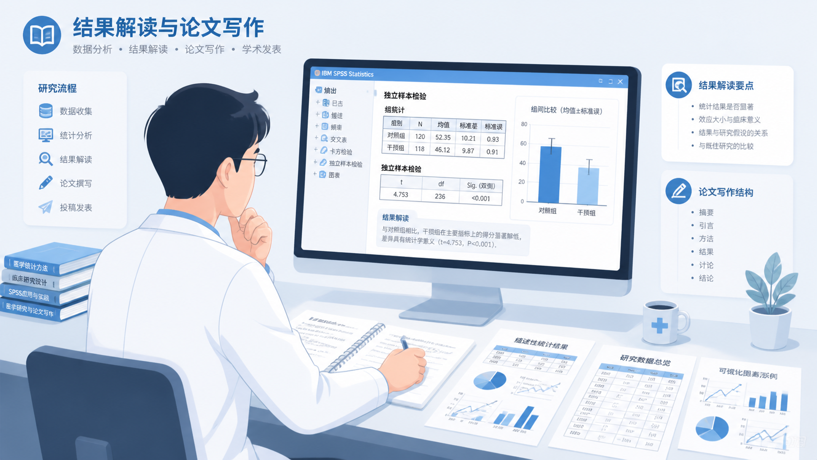 科研人员在电脑前查看SPSS输出结果、论文表格与统计图的场景，突出“结果解读与论文写作”