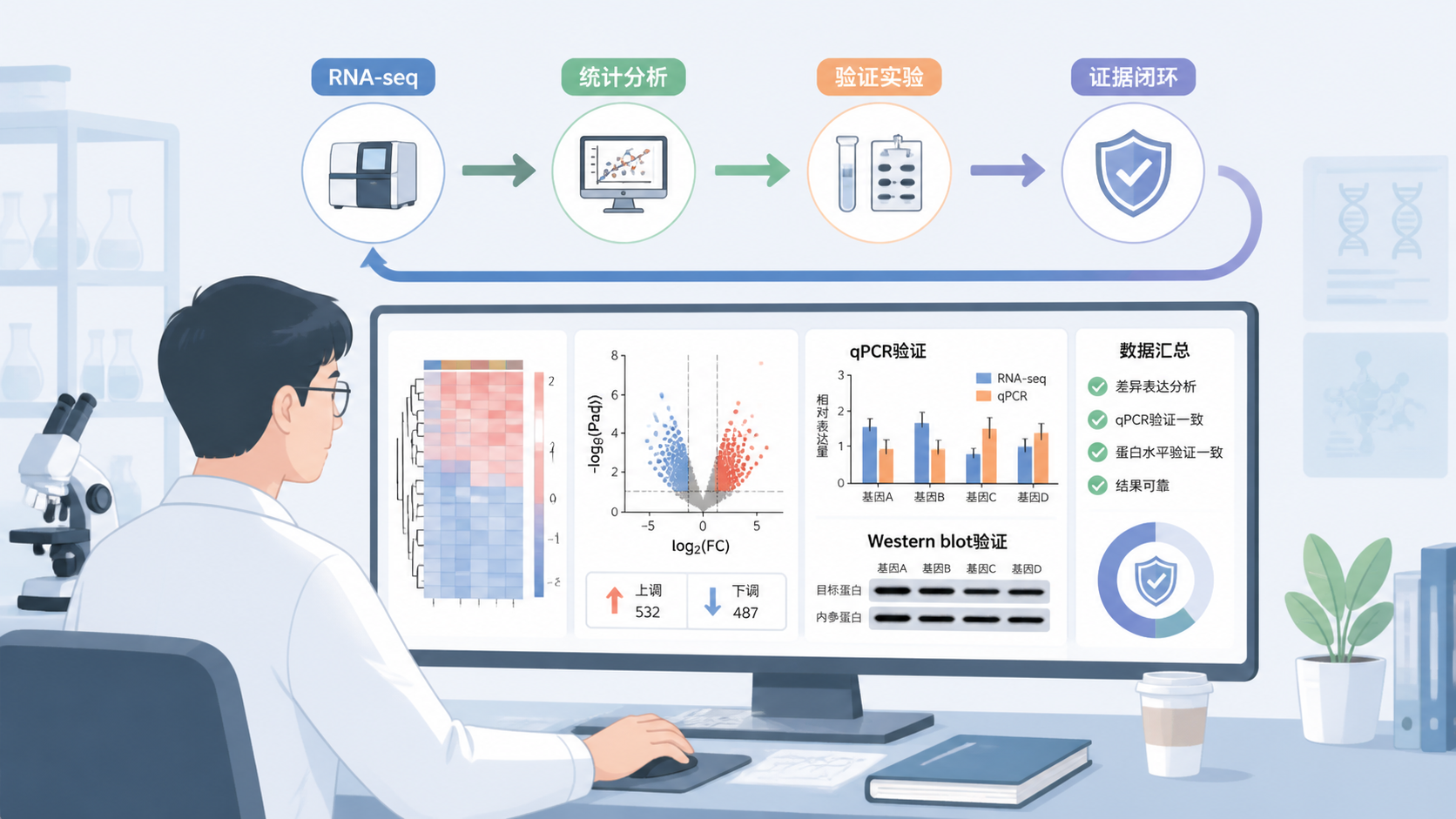 科研人员在电脑前整合RNA-seq流程、统计图和验证实验结果，画面体现“从数据到证据”的完整闭环