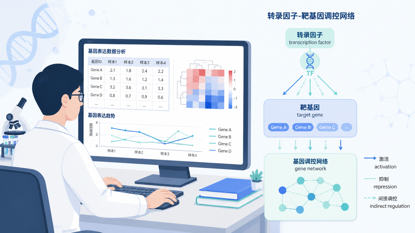 科研人员在电脑前分析基因表达数据，旁边显示转录因子、靶基因和网络图的关系示意图。
